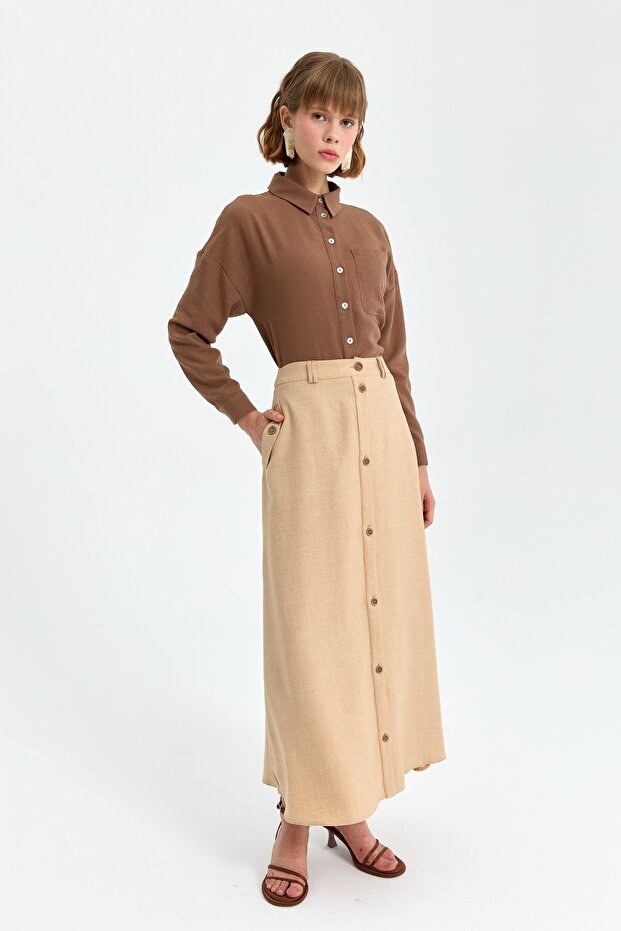 Önden Düğmeli Etek Camel - 5