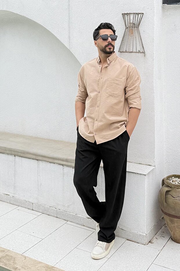 Regular Kraşlı Erkek Gömlek Sütlü Kahve - 3