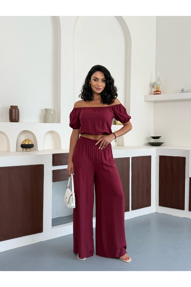 Women's Patterned Crop Wide Leg Pants Bottom Top Set