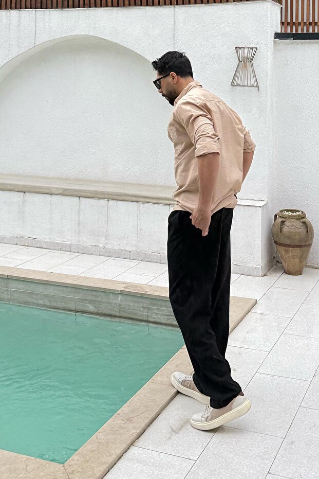 Regular Kraşlı Erkek Gömlek Sütlü Kahve - 5