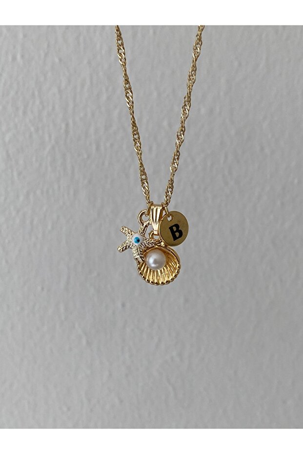 Oyster Detailed Letter and Evil Eye Necklace