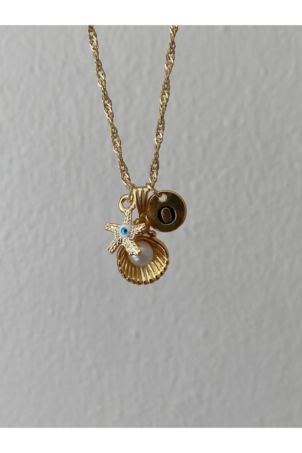 Oyster Detailed Letter and Evil Eye Necklace
