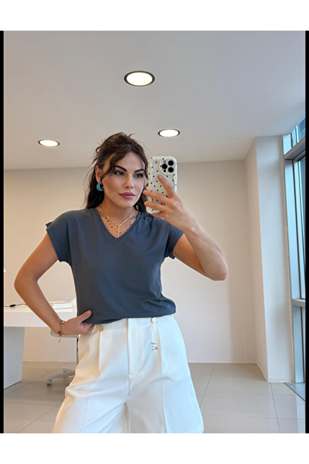 Kadın V yakalı Basic Modal Kurtarıcı Tişört - 2