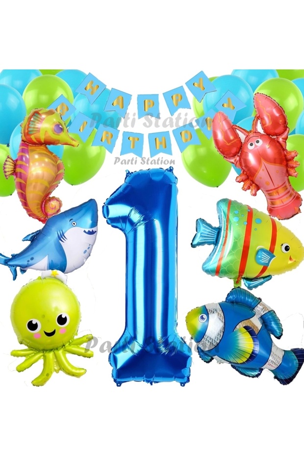 Ocean Animals 1st Year Birthday Balloon Set with Large Size Balloons Sea Creatures Balloon Set