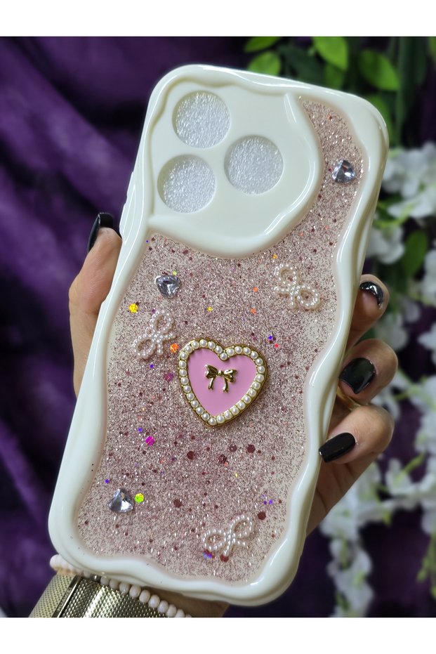 Realme C63 and Realme C61 Compatible Heart Pink Glitter Pearl and Ribbon Detailed Phone Case