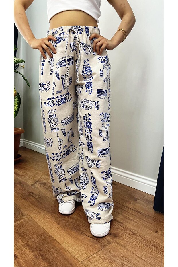 Women's Blue Tile Patterned Linen Wide Leg Palazzo Trousers