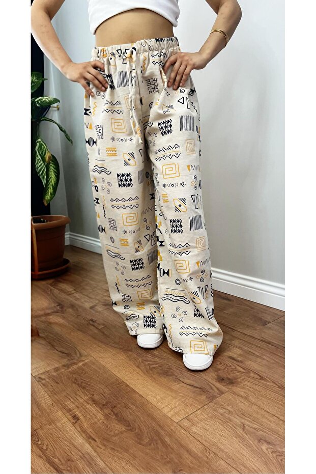 Women's Tan Ethnic Pattern Linen Wide Leg Palazzo Pants