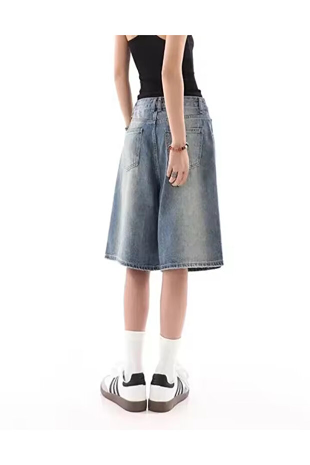 Y2k Yıkamalı Kumaş Unisex Jean Bermuda/Şort - 3
