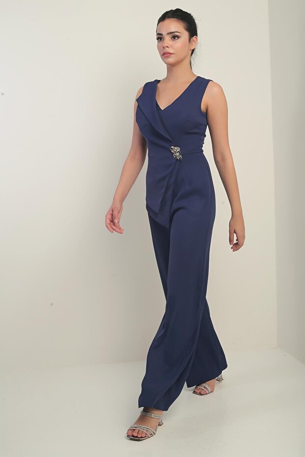 Women's Front Back V Neck Top Vest Look Wide Leg Jumpsuit