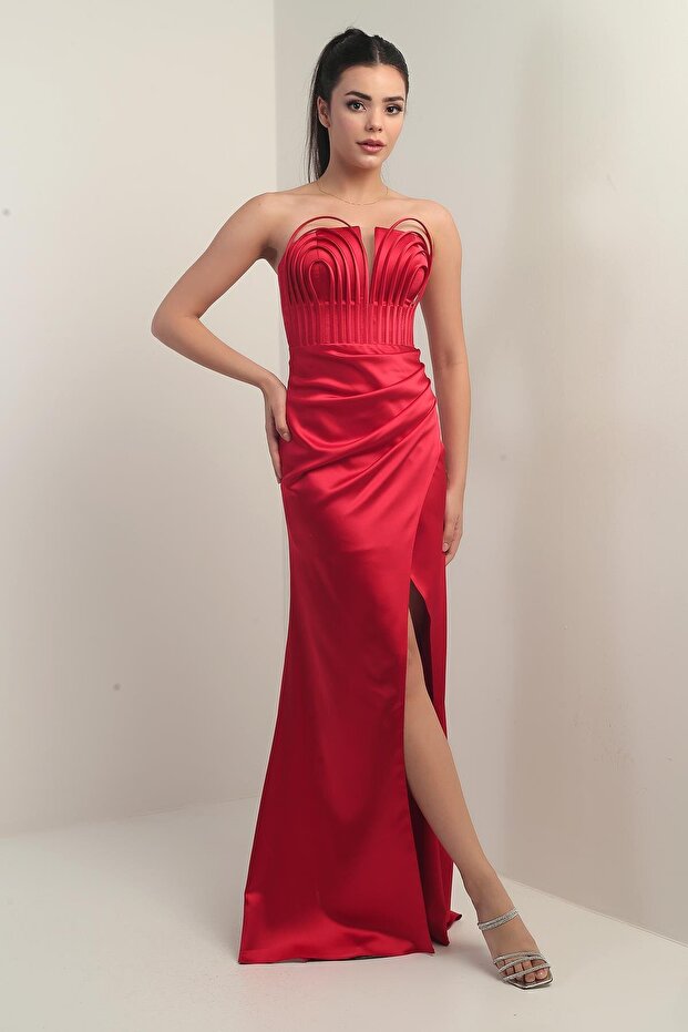 Women's Strapless Front Underwire Lined Satin Long Dress