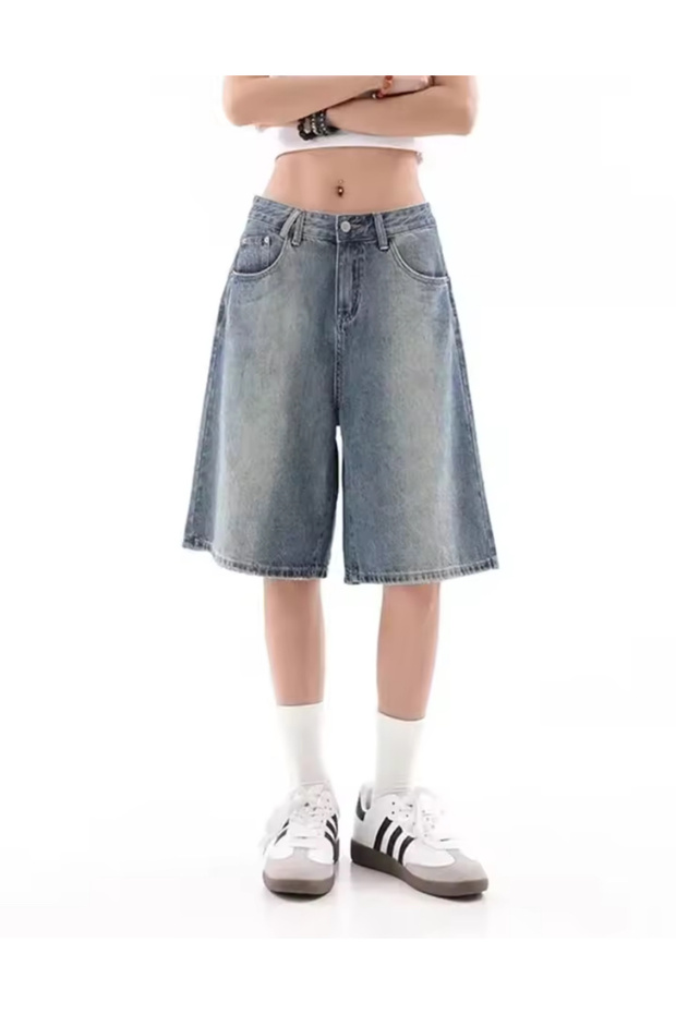 Y2k Yıkamalı Kumaş Unisex Jean Bermuda/Şort - 2