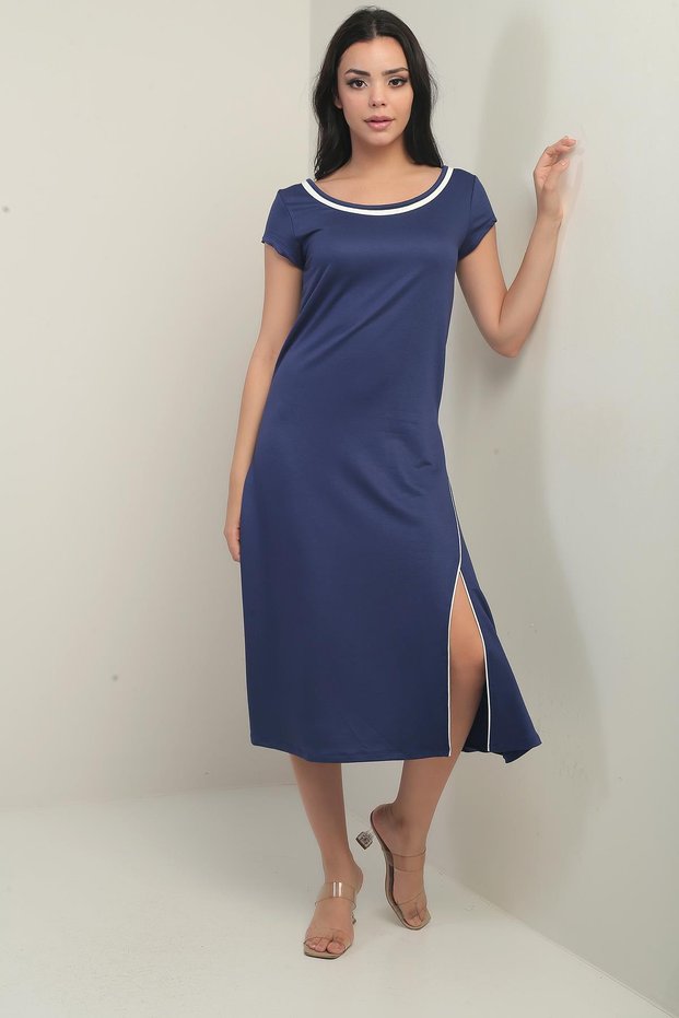 Women's Madonna Collar Piping Detailed Slit Crystal Long Dress