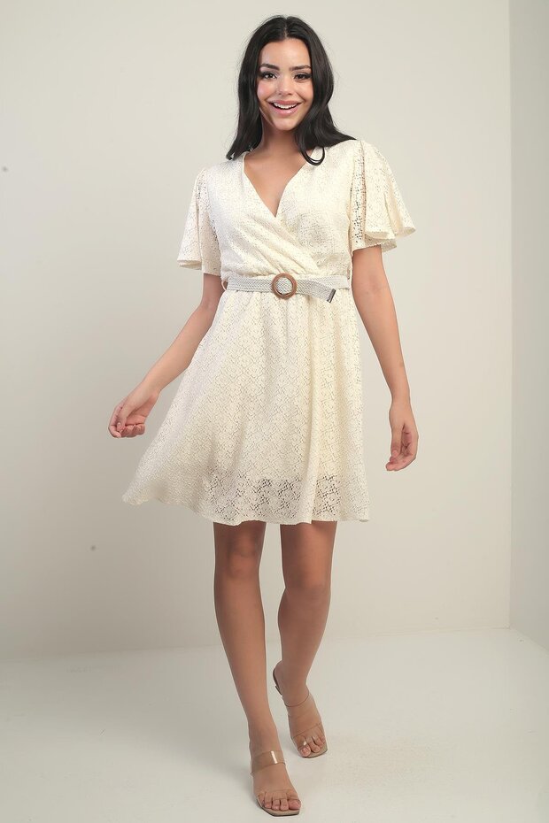 Double Breasted Collar Waist Belt Lined Sleeve Flounced Slit Lace Dress