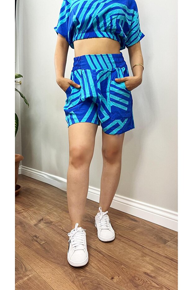 Women's Blue Waist Elastic Crop & Shorts Viscose Bottom Top Set