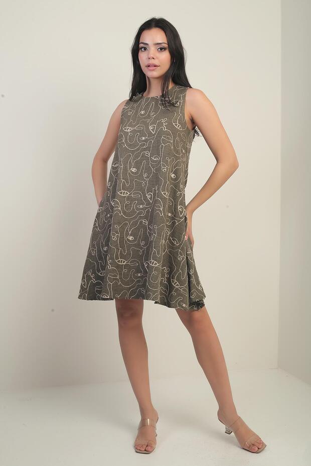 Women's Round Neck Drawstring Sleeveless Short Dress