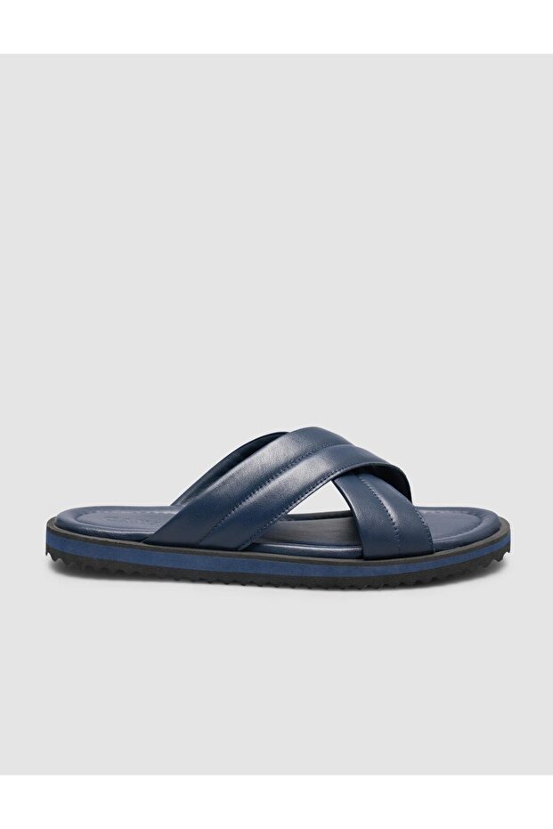 100% Genuine Leather Navy Blue Men's Slippers