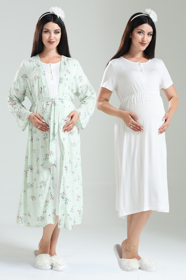 Water Green Patterned Design Lace Detailed Buttoned 100% Cotton Summer Maternity Maternity Dress Nightgown Set
