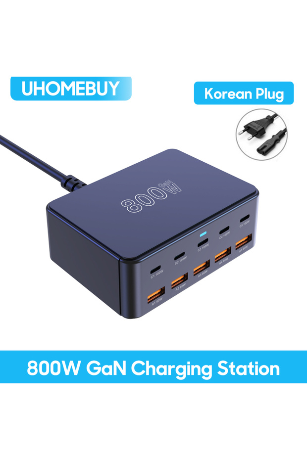 Korean Plug 800W USB C GaN Charger 100W PD3.0 PPS QC3.0 10-Port Fast Charging Station for iPhone 16/