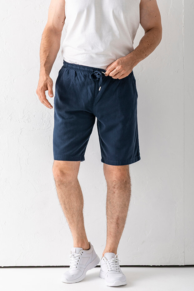 Men's Adjustable Waist Double Pocket Shorts Navy Blue - 9239