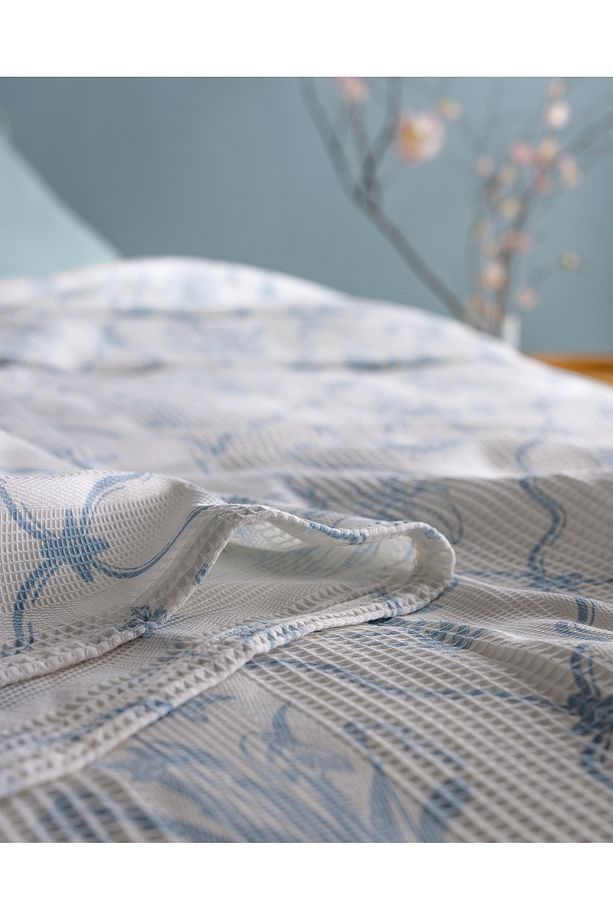 Rotule King Size %100 Pamuk Karde Baskılı Pike - Mavi - 4