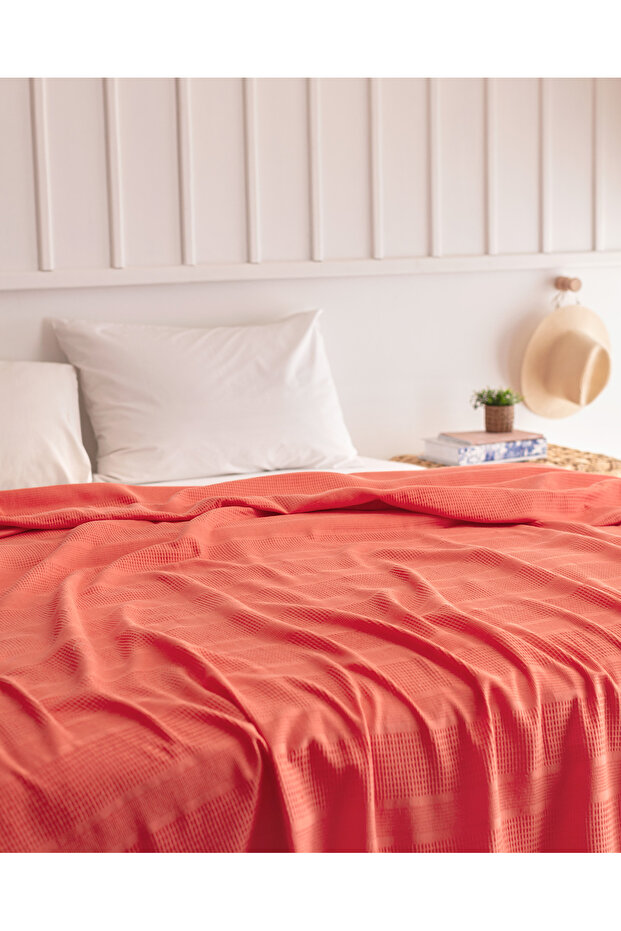 Mathilda Tek Kişilik %100 Pamuk Karde Düz Pike - Mercan - 2