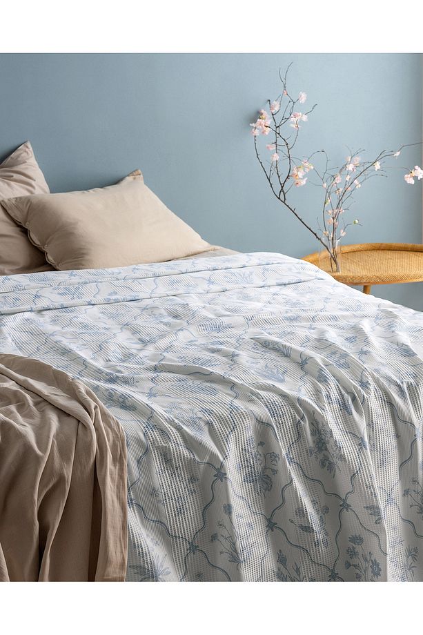 Rotule King Size %100 Pamuk Karde Baskılı Pike - Mavi - 2
