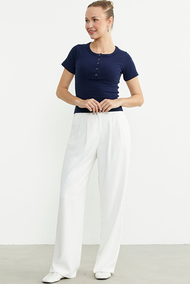 Düğmeli Kısa Kol Basic Tişört - Lacivert - 3