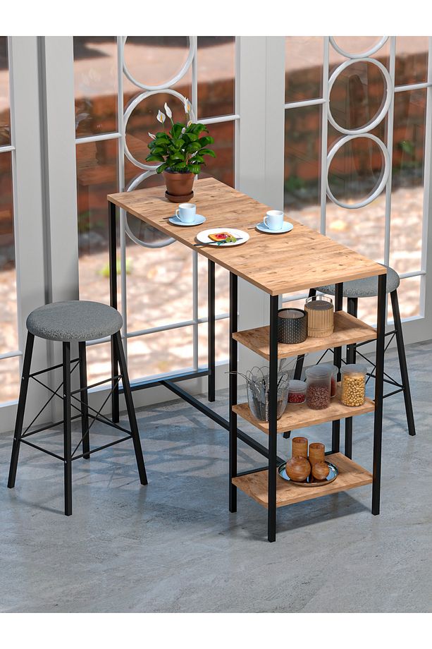RETODESİGN RAFLI YUVARLAK TABURELİ BAR TAKIMI 4651A - 4