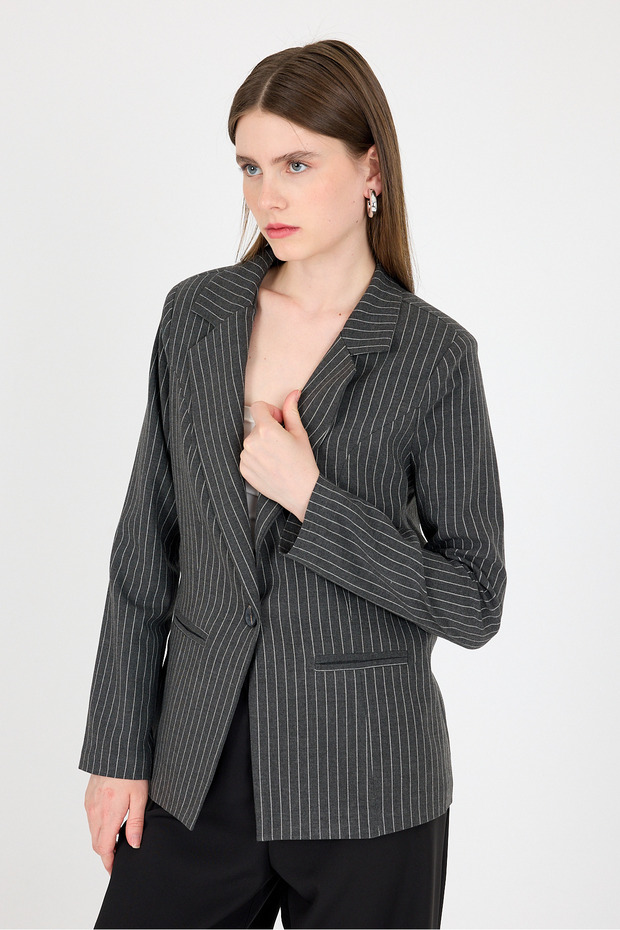 Anthracite Striped Single Button Blazer Jacket 4594A - 2
