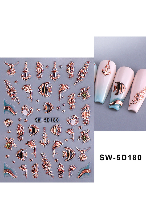 SW-5D180 5D Summer Beach Nail Sticker Shell Ocean Starfish Fish Nail Design Self-adhesive Decal Nail