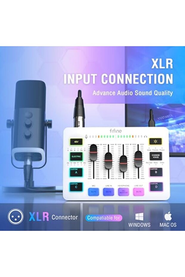 Audio Mixer, Gaming Streaming PC Mixer with Slider Fader, XLR Microphone Interface, Monitorin - 4