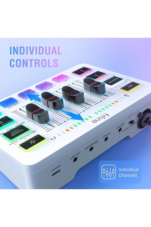 Audio Mixer, Gaming Streaming PC Mixer with Slider Fader, XLR Microphone Interface, Monitorin - 5