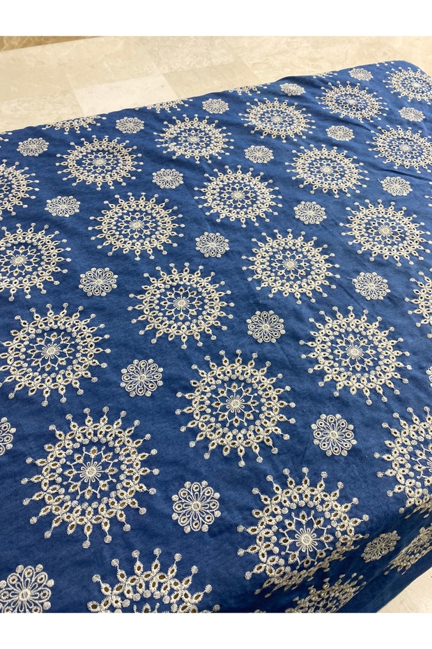 Blue Denim Look Mandala Embroidered Fabric - Width 135 cm - Special Design Dress, Shirt