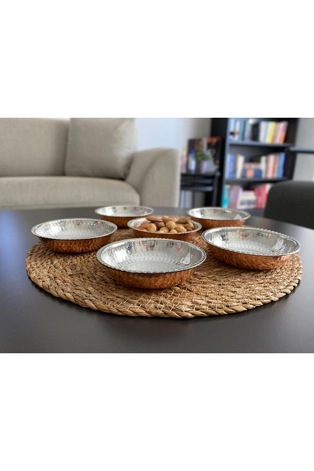 6'lı Kulpsuz Dövme İşlemeli Bakır Çerezlik-Kahvaltılık-Reçellik-Sunumluk Set (12 cm X 2,7 cm) Meze - 3