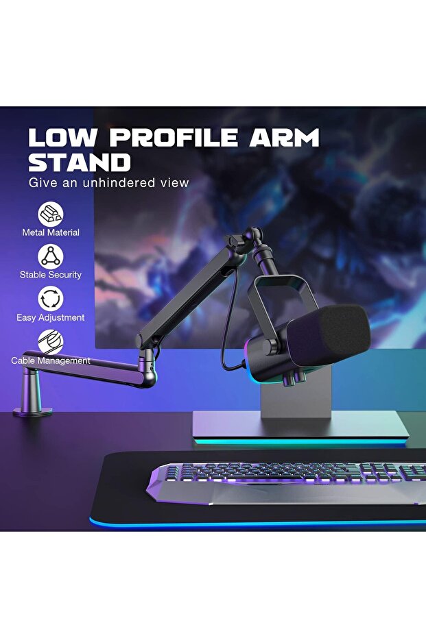 Microphone Boom Arm, Low Profile Adjustable Stick Microphone Arm Stand with Desk Mount Clamp, - 3