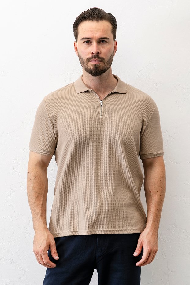 Men's Polo Neck Zipper Detailed Textured T-Shirt Beige - 2914