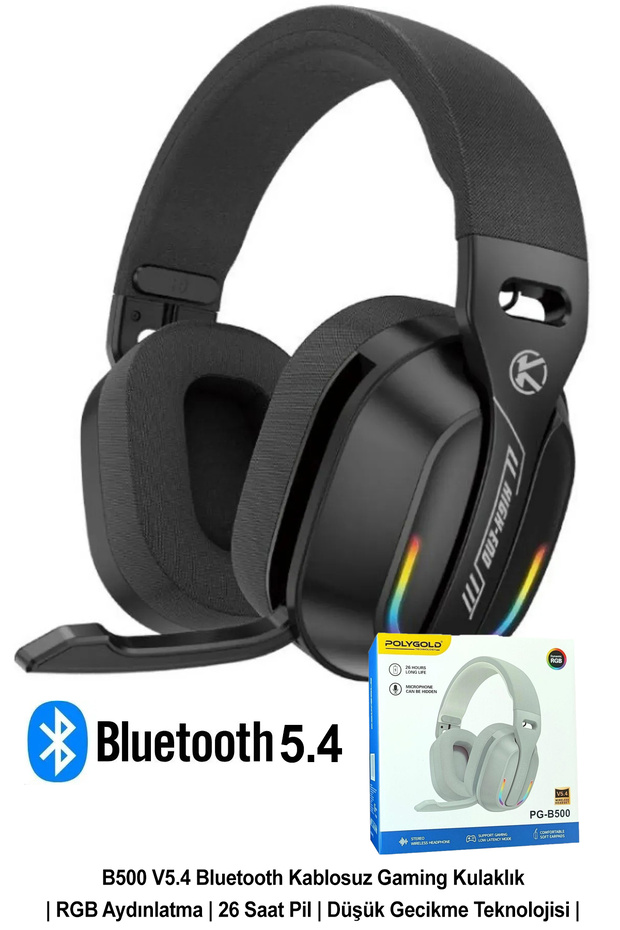 B500 V5.4 Bluetooth Kablosuz Gaming Kulaklık | Kablo Desteği | RGB Led | 26 Saat Pil | Düşük Gecikme - 1