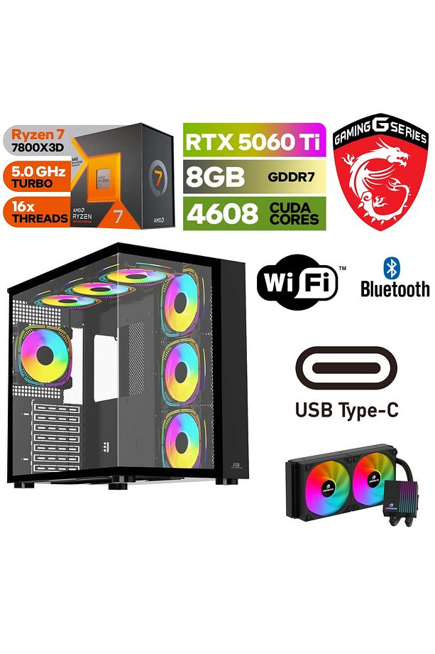 GAMİNG-DDR5-RTX-5060Tİ 8GB-RYZEN 7 7800X3D -32GB DDR5 RAM- 1 TB M.2 SSD-WİNDOWS 11PRO-SIVI SOGUTMALI - 1