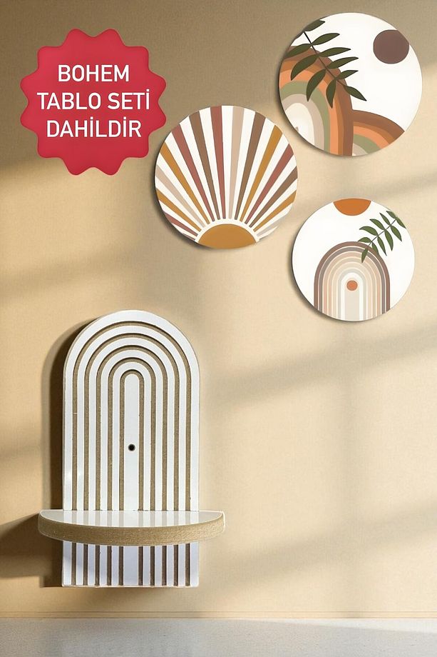 Semplice Duvar Rafı Seti Ve Dekoratif Oval 3 Parça Tablo - 1