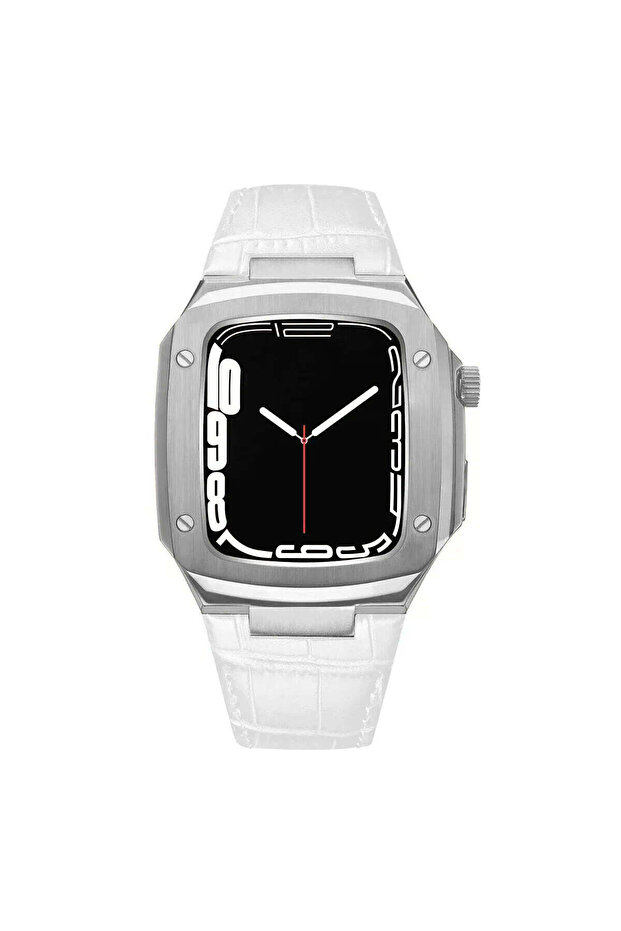 Apple Watch 44mm 45mm | Stainless Steel Case with Genuine Leather Watch Band|White