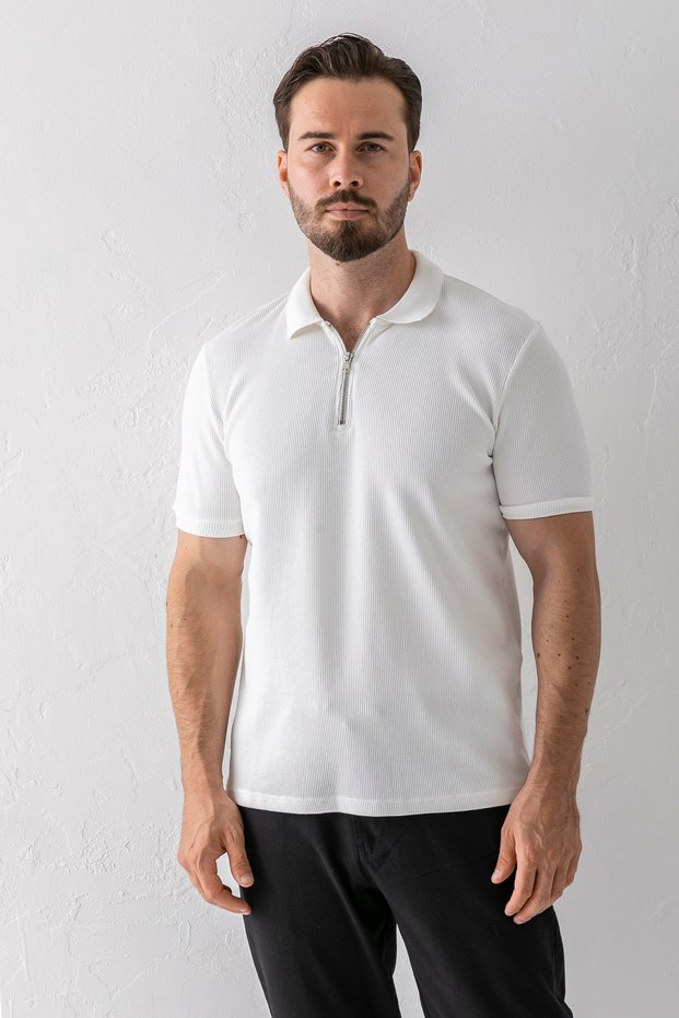 Men's Polo Neck Zipper Detailed Textured T-Shirt White - 2914