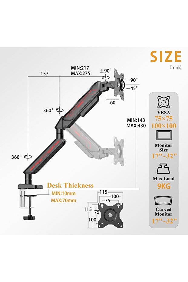 ETHU Single Monitor Arm, Adjustable Gas Spring for 13-32" Monitors up to 9kg, VESA 75x75/100x100, Bl