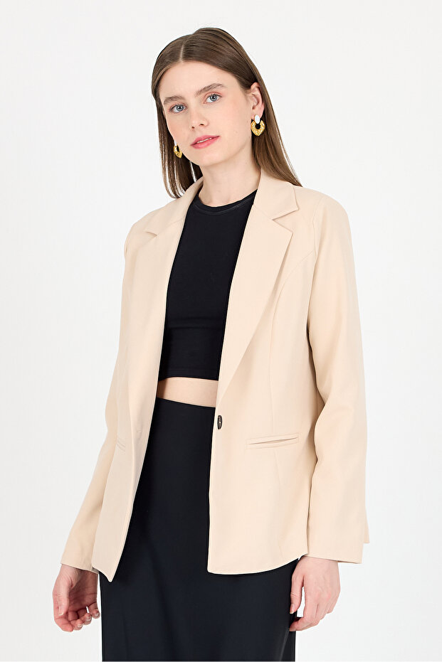 Beige Single Button Classic Kebem Blazer Jacket 4612A - 1