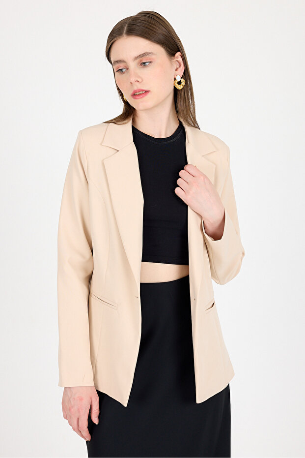 Beige Single Button Classic Kebem Blazer Jacket 4612A - 2
