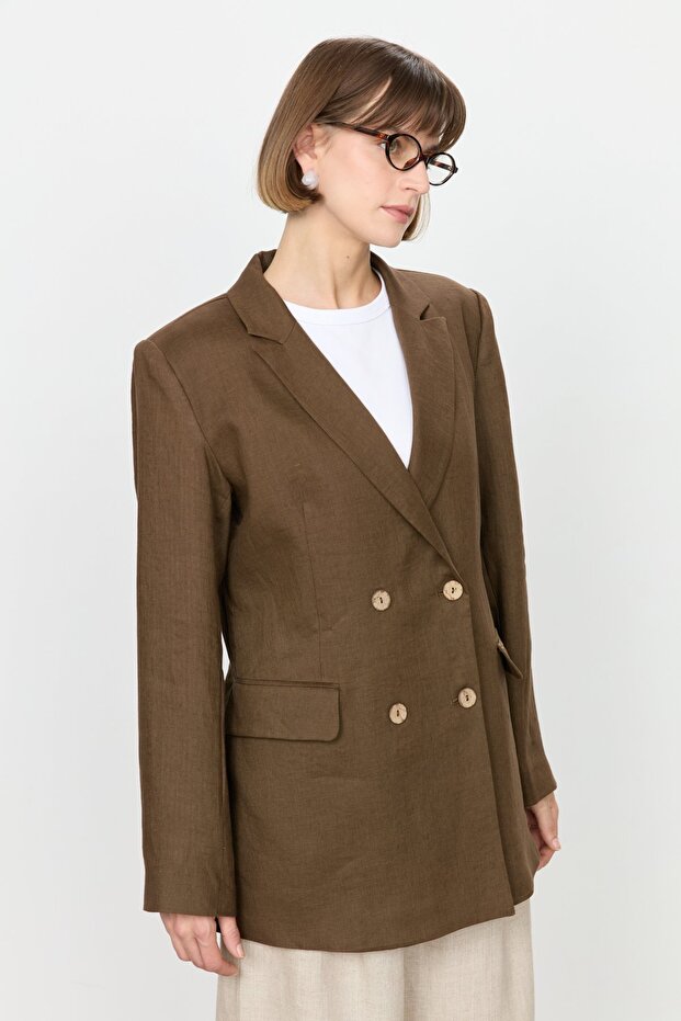 Linen Blazer Jacket Brown - 4