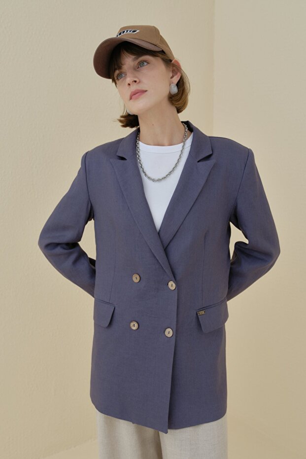 Keten Blazer Ceket İndigo - 4