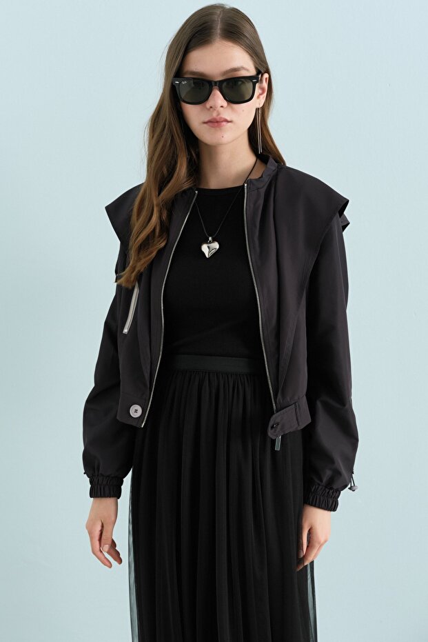 Drawstring Hooded Short Jacket Black - 1