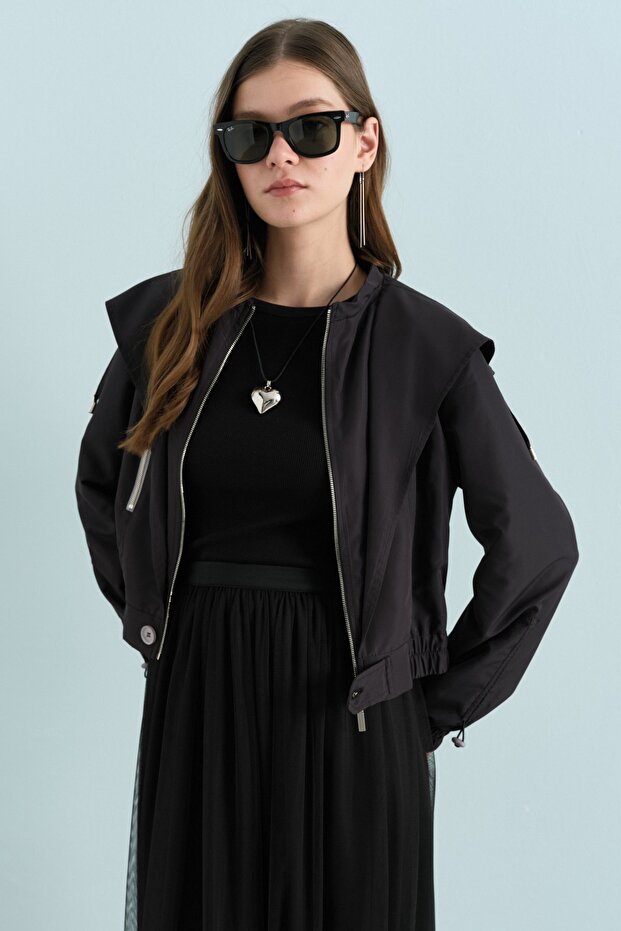 Drawstring Hooded Short Jacket Black - 2
