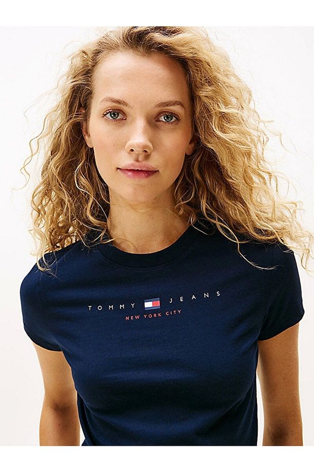 Tommy Jeans TJW SLIM TJ US LINEAR SS TEE Kadın Mavi T-shirt DW0DW21422C1G - 4