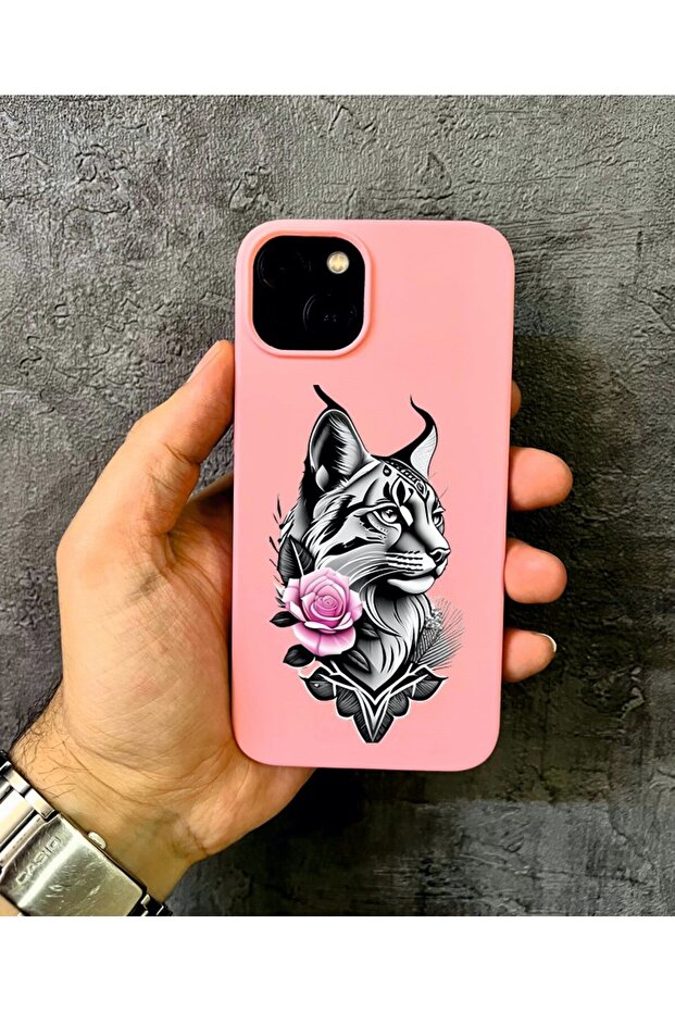 حافظة وردية متوافقة مع آيفون 15 من نوع Rose Vaşak D منقوش - 1